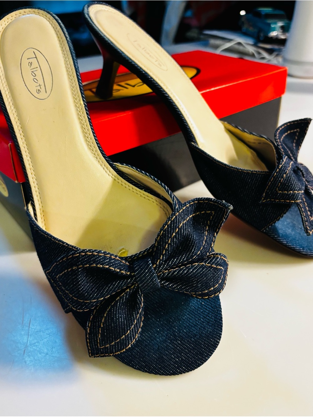 Talbots Dark Denim Bow Open-Toe Heeled Sandals